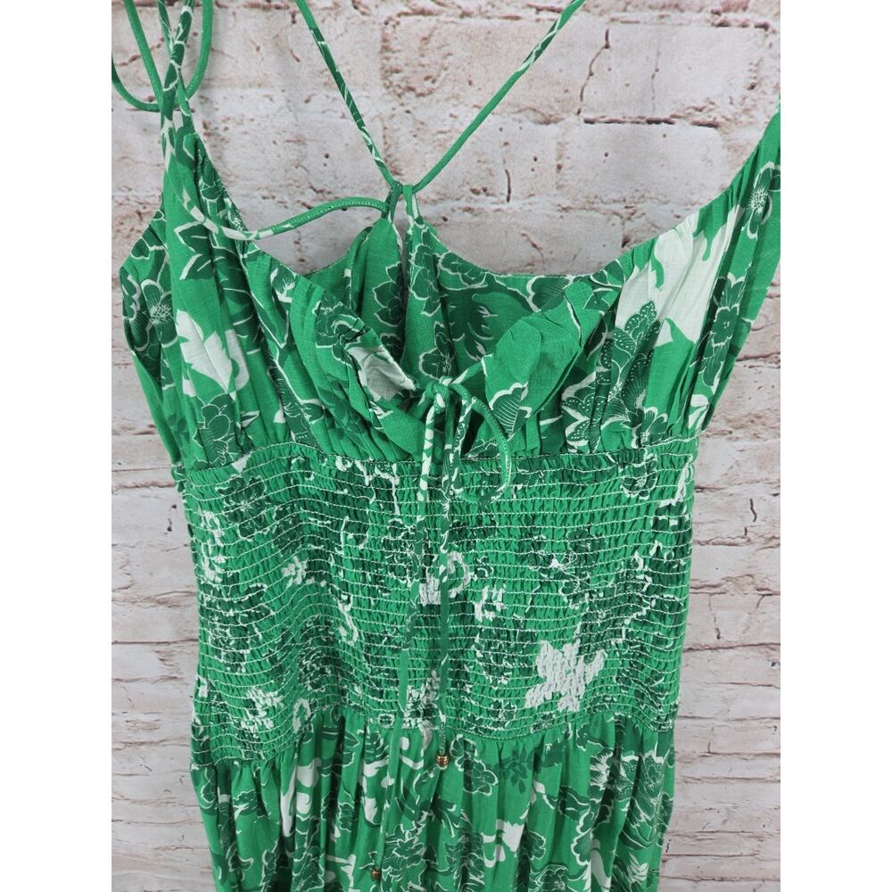 Anthropology Halter Style Dress Green Cinch Waist Floral Straps Long Size Large - Picture 4 of 5